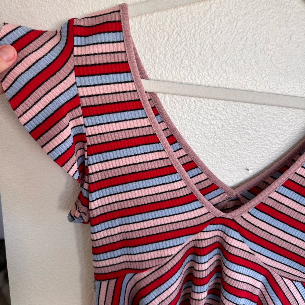 Striped V-Neck Ruffle Sleeve Top - Picture 3 of 7